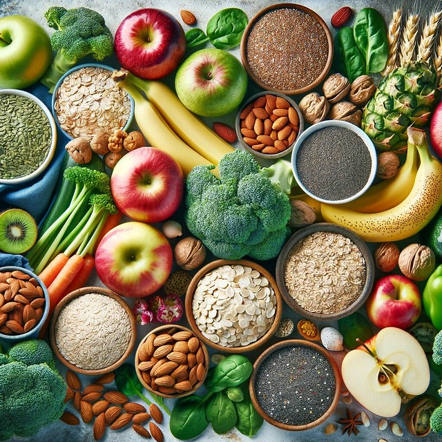 DALL·E 2024-04-09 21.46.53 - An image highlighting foods rich in fiber, featuring fruits such as apples and bananas, vegetables like broccoli and spinach, whole grains including r